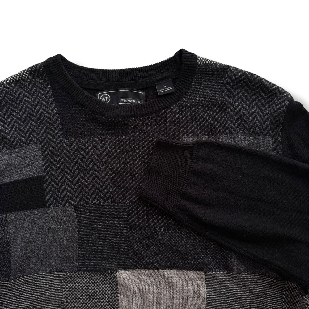 Weatherproof Mens L Gray Black Patchwork Herringbone Knit Crewneck Sweater Cozy